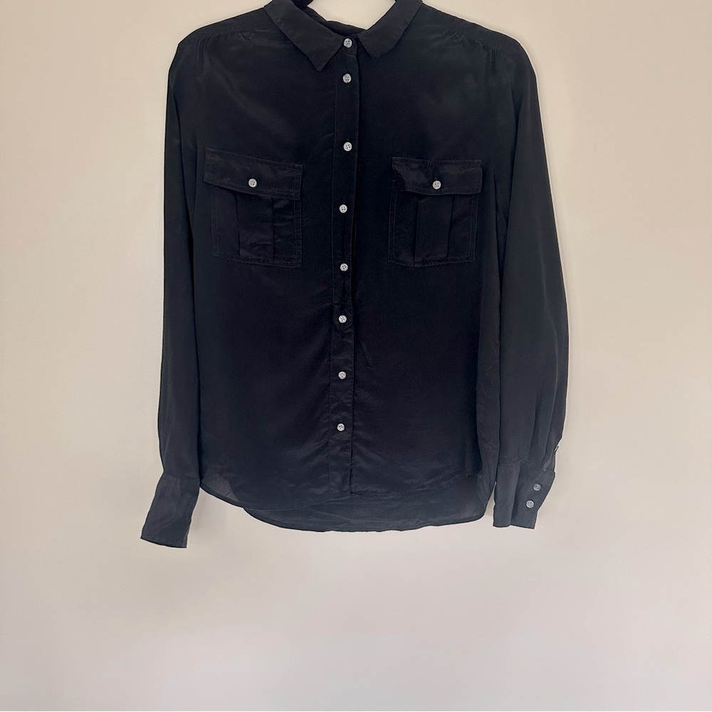 J.Crew Factory 100% Silk Black Utility Button Down Shirt Blouse Size M